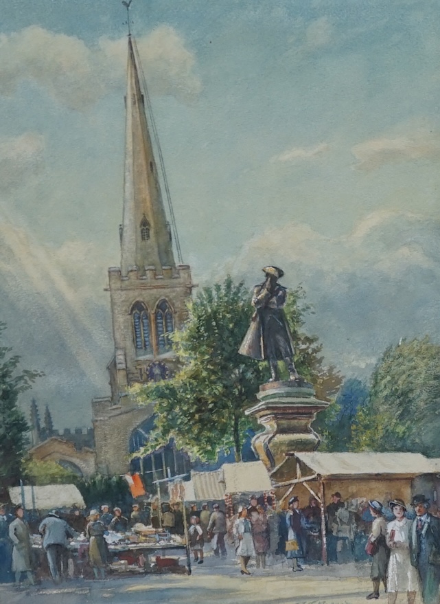 P T Morrod, watercolour, Market scene before a church, signed, 45 x 31.5cm. Condition - fair